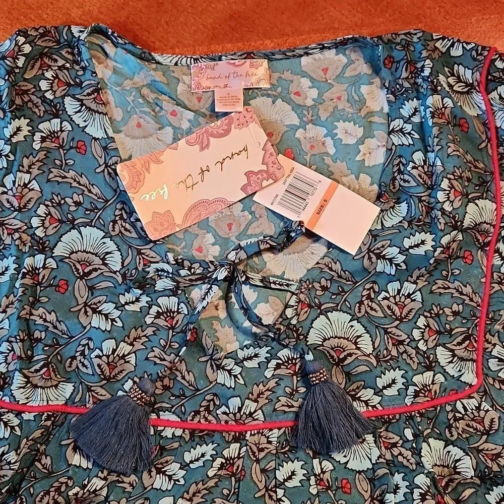 BOG Bohemian Floral Sheath V-Neck 1/2 Sleeve Mini Dress, Small, Teal & White